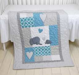 Elephant Baby Blanket, Teal Gray Quilt, Crib Bedding, Grey Safari Nursery - thumbnail 1