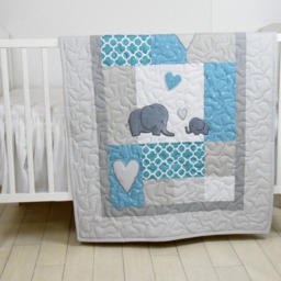 Elephant Baby Blanket, Teal Gray Quilt, Crib Bedding, Grey Safari Nursery - thumbnail 2