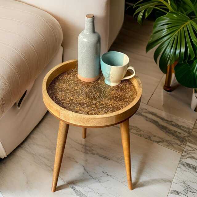 Handcrafted Mango Wood Side Table Embossed Brass Pattern - image 1