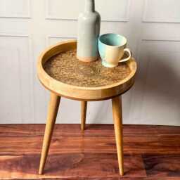 Handcrafted Mango Wood Side Table Embossed Brass Pattern - thumbnail 3