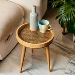 Handcrafted Mango Wood Side Table Embossed Brass Pattern - thumbnail 1