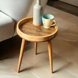 Handcrafted Mango Wood Side Table Embossed Brass Pattern - thumbnail 4