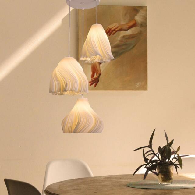 3D Printed Pendant Lamp For Kitchen, Set Of 3 Elegant Lampshades, Modern Wavy Hanging Chandelier, 2 Types Optional, Housewarming Gift - image 1