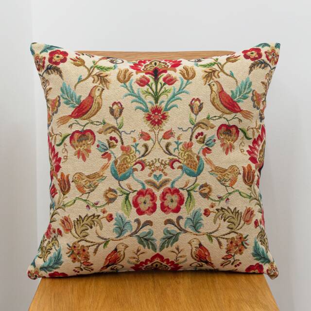 Traditional Style Morris Tapestry Cushion. Birds & Trailing Flowers. 17x17 - image 1