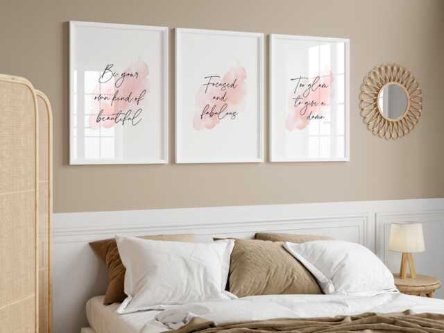 Bedroom Prints Set Of 3 - Print Pink Watercolour Glam Fabulous Wall Art Decor Bed Home Beautiful Motivational - image 1