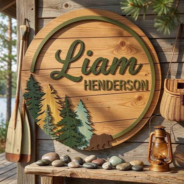 Personalized Woodland Nursery Name Sign, Custom Bear Baby Plaque, Forest Theme Decor, Round Wooden Wall Sign - image 1