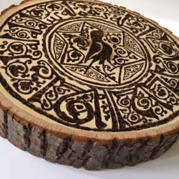 Woodburned Bird Plaque, Arabic Kufic, Medieval Islamic Art - thumbnail 2
