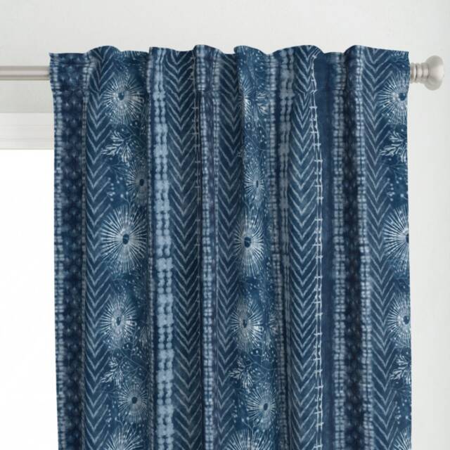 Indigo Stripe Curtain Panel - Shibori Botanical Japanese Inspired Blue Tie Dye Custom Kyokai Stripes By Hnldesigns - image 1