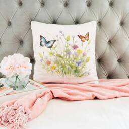 Wild Flower & Butterflies Cushion/Cover Only Or With Insert 40cm X Cream Linen Blend White Velvet - thumbnail 4