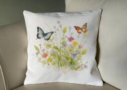 Wild Flower & Butterflies Cushion/Cover Only Or With Insert 40cm X Cream Linen Blend White Velvet