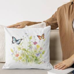 Wild Flower & Butterflies Cushion/Cover Only Or With Insert 40cm X Cream Linen Blend White Velvet - thumbnail 3