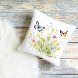 Wild Flower & Butterflies Cushion/Cover Only Or With Insert 40cm X Cream Linen Blend White Velvet - thumbnail 2