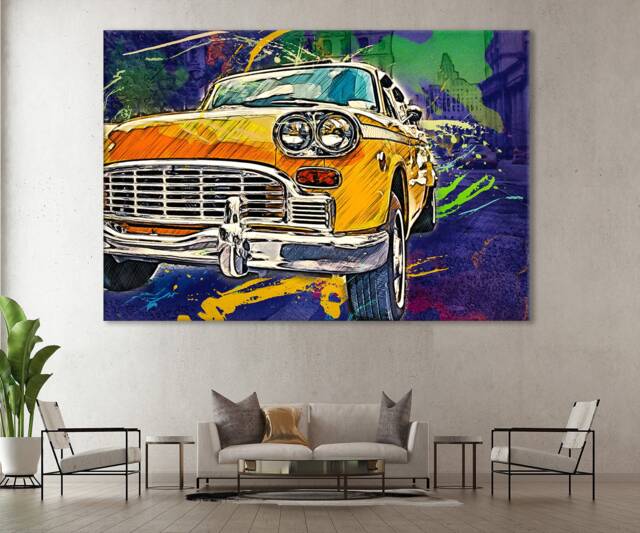 Retro Taxi Canvas Art Colorful Cab Wall Decor - image 1