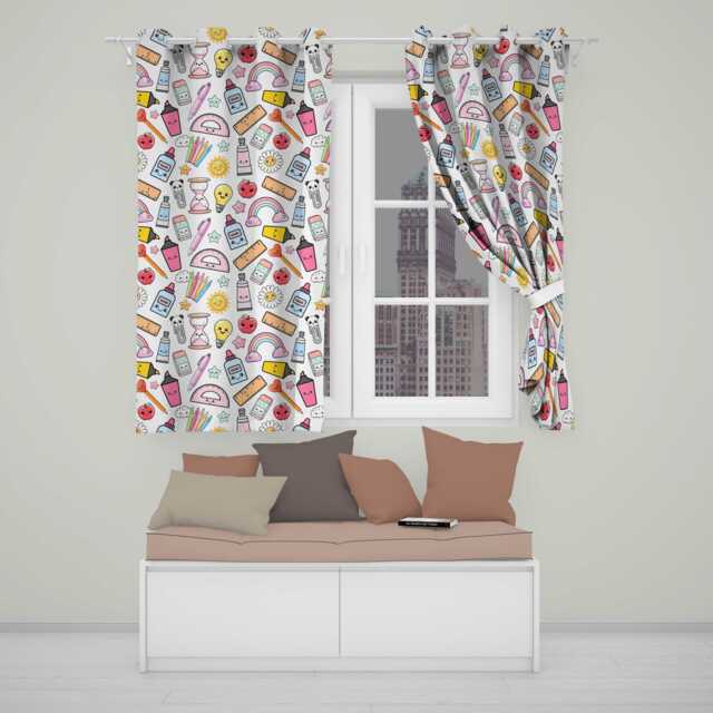 Cute Kawaii School Supplies Glue Rainbow Apple Grey Background Seamless Pattern Readymade Eyelet Ring Top Thermal 100% Blackout Curtains - image 1