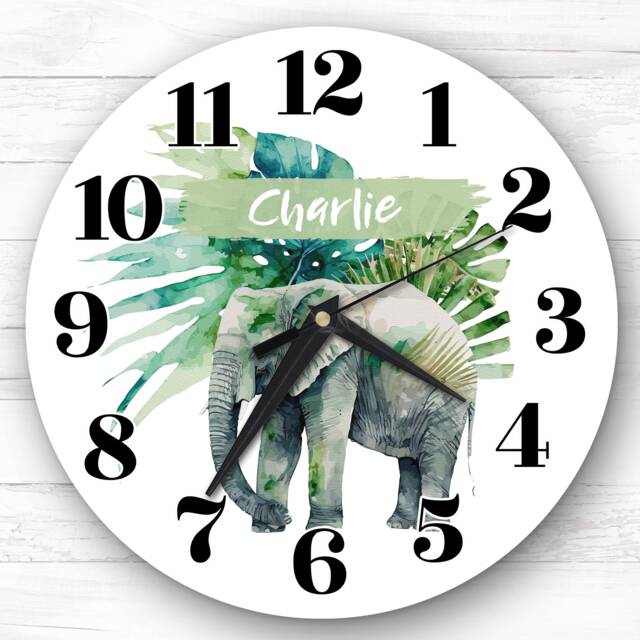 Elephant Jungle Green Leaves Personalised Gift Clock - image 1