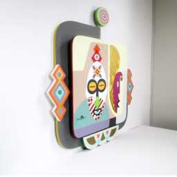 African Mask Acrylic Painting On Wood Cubist Pop Art, Tribal Symbolism - thumbnail 2