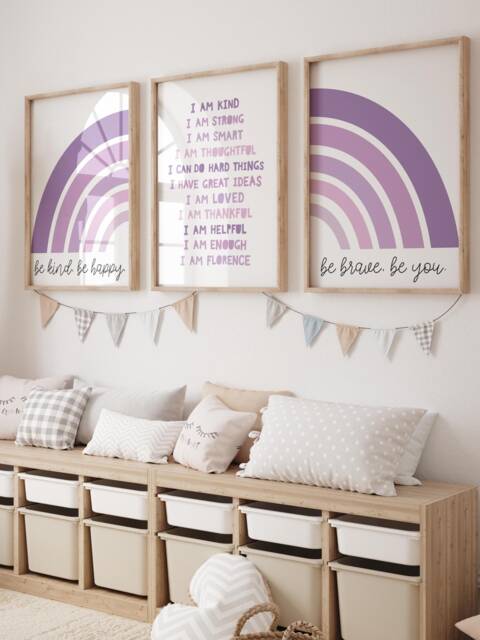 Set Of 3 Girls Bedroom Prints, Affirmation Print Set, Purple Rainbow, Personalised, Nursery, Playroom, Rainbow Wall Art - image 1