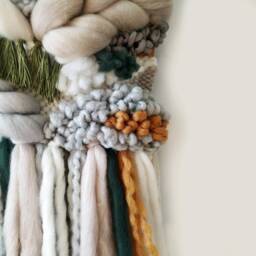 Woven Wall Hanging Green, Beige Boho Tapestry, Wool & Cotton Decor - thumbnail 3