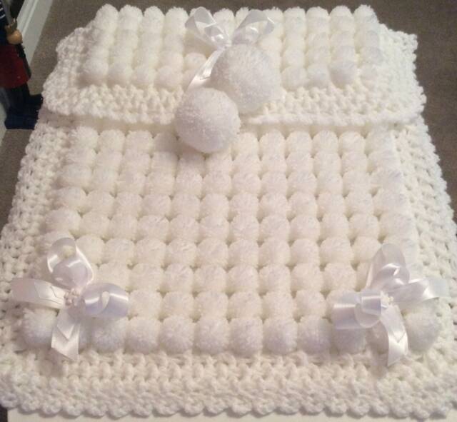 White Baby Pom Blanket, Crocheted Edge, Ribbon Detail - image 1