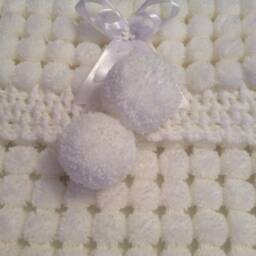 White Baby Pom Blanket, Crocheted Edge, Ribbon Detail - thumbnail 2