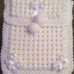White Baby Pom Blanket, Crocheted Edge, Ribbon Detail - thumbnail 3