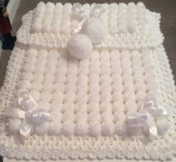 White Baby Pom Blanket, Crocheted Edge, Ribbon Detail - thumbnail 1
