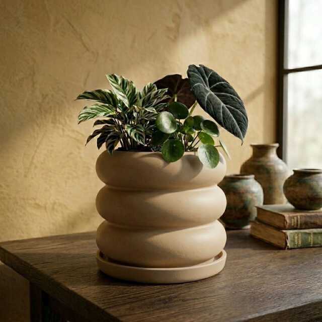 Bubble Pot, 3D Printed Planter, Ring Stacked Planter With Drainage, Minimal Decor, 4 5 6 7 8 Inch Plant Pot in Matte Beige - image 1