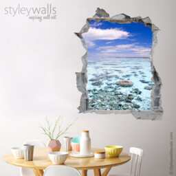 Sea View Wall Decal, Rocks Mural Decor, Hole in The 3D Effect Sticker, Broken Office Room Decor