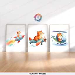 Ginger Cat Nursery Prints - Set Of 3 Posters - Vehicle Wall Art Car Poster Kid Cats Decor Transport Boys Bedroom Artwork - thumbnail 2
