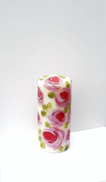 Large Hand Painted Roses Pillar Candle Romantic Floral Shabby Chic Decor - image 1