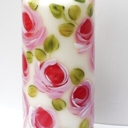 Large Hand Painted Roses Pillar Candle Romantic Floral Shabby Chic Decor - thumbnail 2