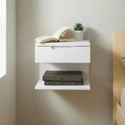 White Floating Nightstand - Wall Mounted With Drawer, Wood Bedside Shelf & For Bedroom - Unique Gift - thumbnail 2
