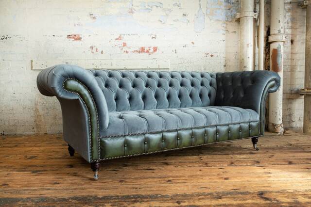 3 Seater Slate Grey Velvet Chesterfield Sofa, Antique Green Leather, British Handmade - image 1
