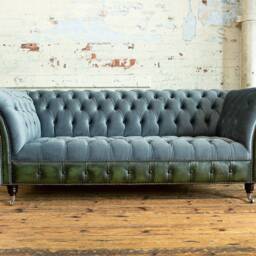 3 Seater Slate Grey Velvet Chesterfield Sofa, Antique Green Leather, British Handmade - thumbnail 3