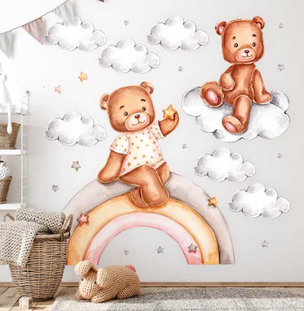 Rainbow Teddy Bears Wall Stickers For Kids Room, Brown Baby Room Decor, Animals Decal Children's Self Adhesive - image 1