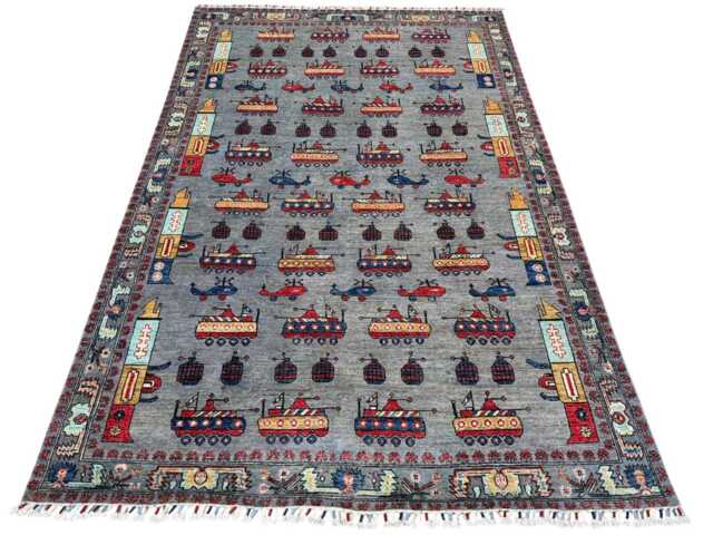 6x9 Gray Color Handmade Afghan War Rug - Grenade, Rifle, Helicopter Design - image 1