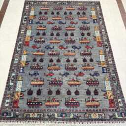 6x9 Gray Color Handmade Afghan War Rug - Grenade, Rifle, Helicopter Design - thumbnail 2