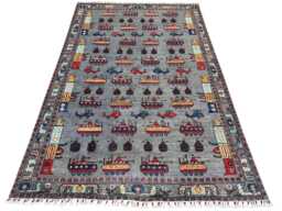 6x9 Gray Color Handmade Afghan War Rug - Grenade, Rifle, Helicopter Design - thumbnail 1