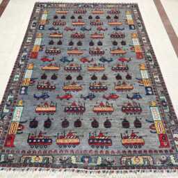 6x9 Gray Color Handmade Afghan War Rug - Grenade, Rifle, Helicopter Design - thumbnail 3