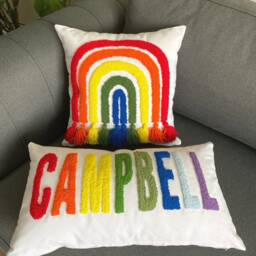 Personalized Rainbow Punch Needle Pillow, Embroidered Linen Nursery Decor - thumbnail 1