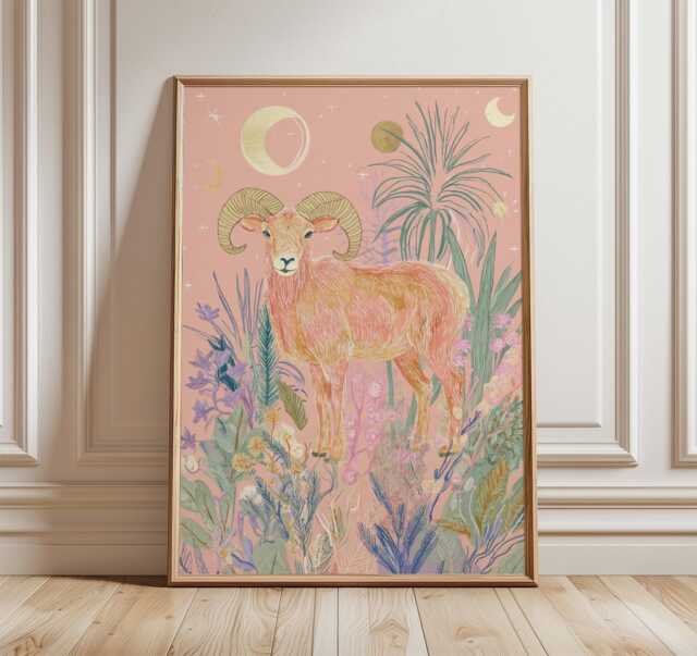 Aries Wall Art Print, Celestial Zodiac Illustration, Modern Astrology Poster, Boho Animal Artwork, Pastel Ram Decor - image 1