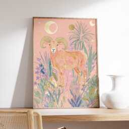Aries Wall Art Print, Celestial Zodiac Illustration, Modern Astrology Poster, Boho Animal Artwork, Pastel Ram Decor - thumbnail 2