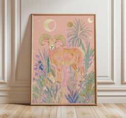 Aries Wall Art Print, Celestial Zodiac Illustration, Modern Astrology Poster, Boho Animal Artwork, Pastel Ram Decor - thumbnail 1