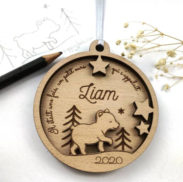Personalized Wooden Teddy Bear Christmas Bauble - Baby's First - Personalized Ornament, Decoration - image 1