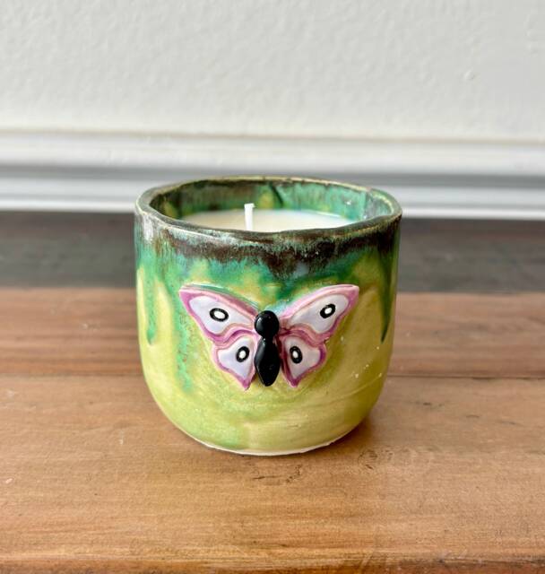 Hand-Poured 6 Oz Soy Candle in Handmade Ceramic Butterfly Vessel - Leather & Cardamon Scent