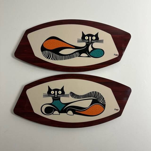Handmade Mid Century Modern Atomic Cats Wall Art Plaques - Royalexe Faux Walnut - image 1