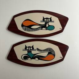 Handmade Mid Century Modern Atomic Cats Wall Art Plaques - Royalexe Faux Walnut - thumbnail 1