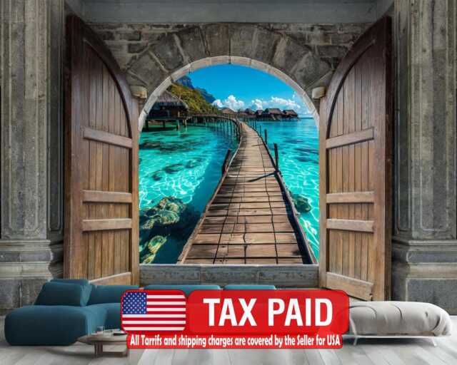 Tropical Paradise Pier 3D Wooden Castle Wallpaper Mural - image 1