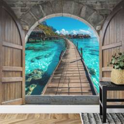 Tropical Paradise Pier 3D Wooden Castle Wallpaper Mural - thumbnail 3