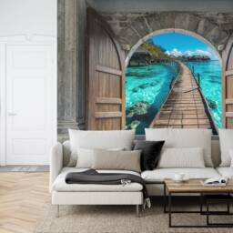 Tropical Paradise Pier 3D Wooden Castle Wallpaper Mural - thumbnail 2